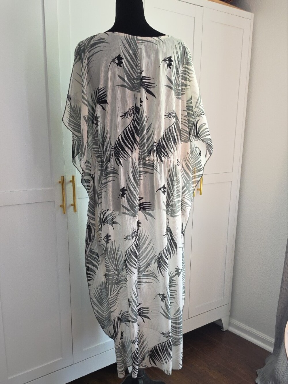 Kona Sol White & Green Kaftan with Green Palm Print Coverup - Picture 3 of 9